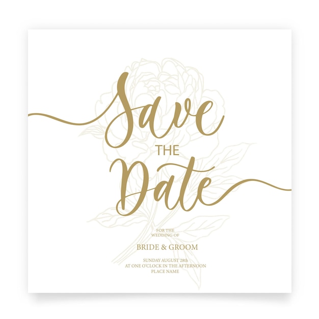 Сохраните дату карты шаблон свадебного приглашения с цветком розы и листьями в стиле минимализма с каллиграфией
