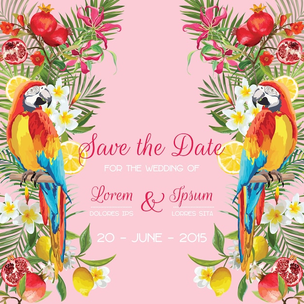 Save the date wedding card met tropische bloemen, fruit, papegaaivogels. bloemen achtergrond