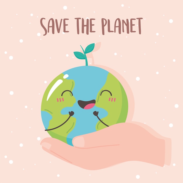 惑星を救う、かわいい地球地図漫画のベクトル図を手に