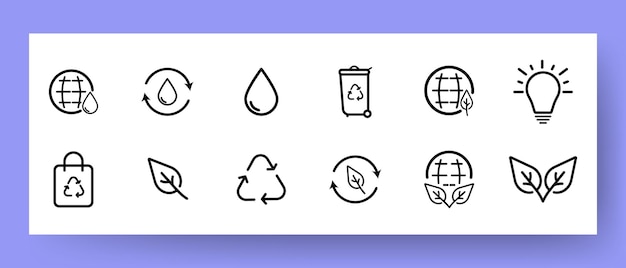 Save the planet set icon Earth drop processing vuilniszak lamp bladgroen ECO concept Werk concept Vector lijn icoon voor Business en Advertising