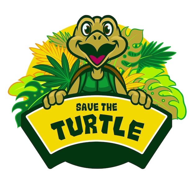 Save the Turtle Cartoon Mascot Hold the Banner