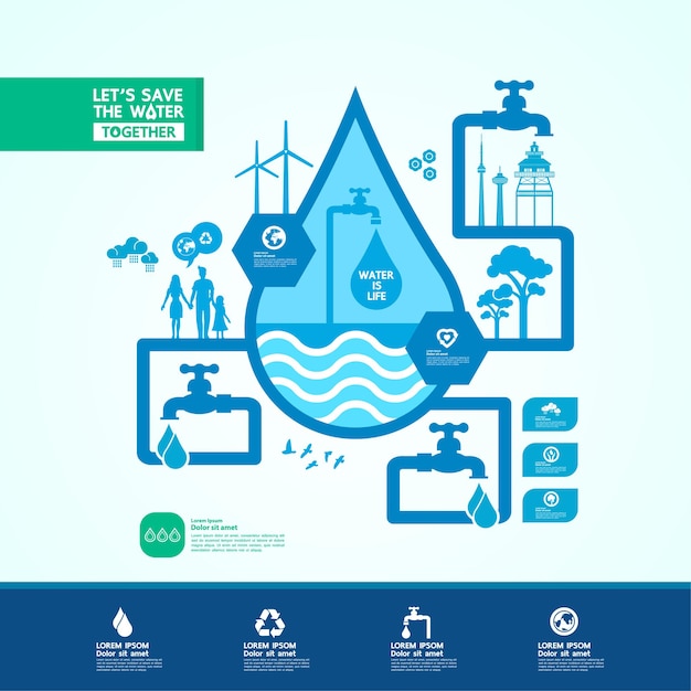 Risparmia l'acqua per l'illustrazione vettoriale del mondo dell'ecologia verde green