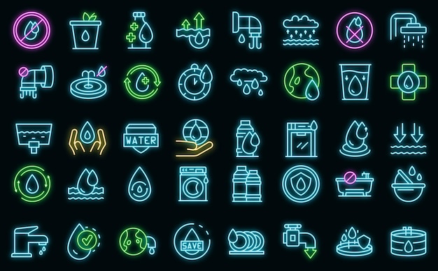 Save water icons set vector neon