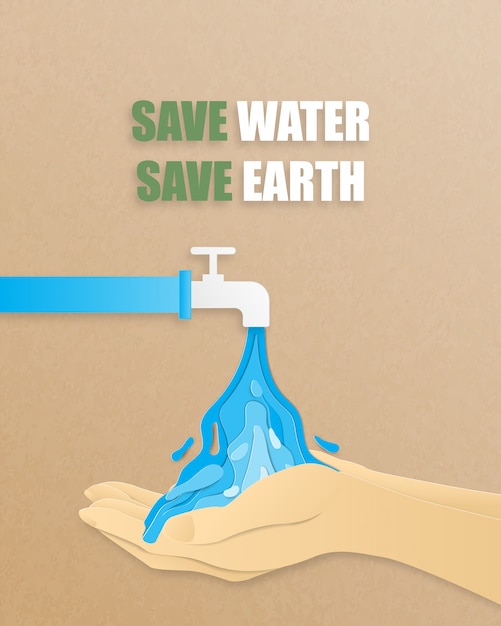 Save the water save the earth concept. water flowing out tube on a hand in paper cut style. digital craft paper art.