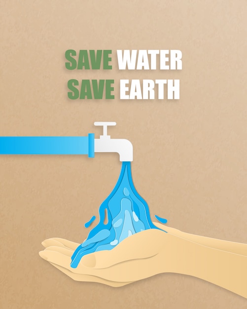 Save the water save the earth concept. Water flowing out tube on a hand in paper cut style. Digital craft paper art.