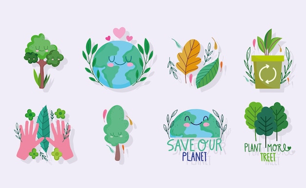 Save the world, ecology plant trees and recycle set