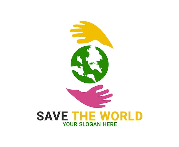 Save the world logo Human hands holding globe Teamwork hands logo helping hands logo template