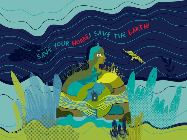 Спаси свой дом! спасти землю! вектор концептуальный экологический плакат.