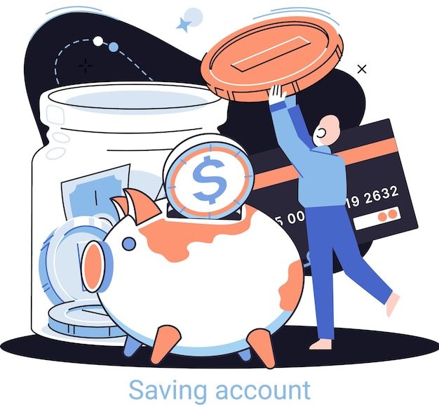 Vector saving account concept man putting coin into piggy bank accumulation of funds wealth receiving interest from keeping money safe future banking services internet payment sending money