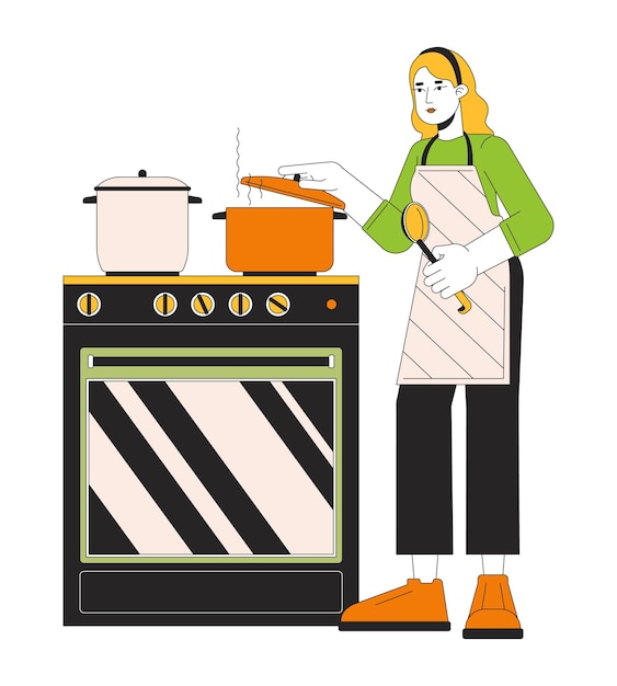 Saving energy by cooking with lid line cartoon flat illustration