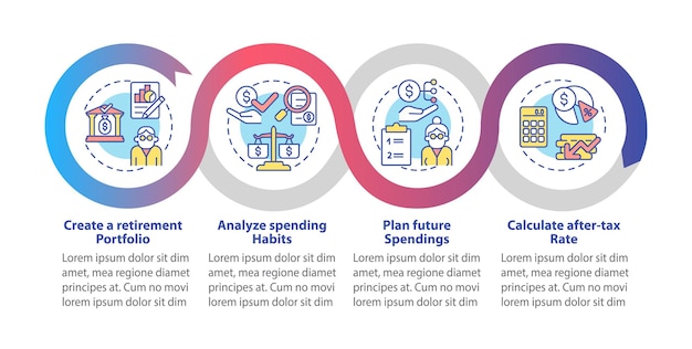 Salvataggio del modello di infografica vettoriale guida. costruisci elementi di design del profilo della presentazione del portafoglio di investimenti. visualizzazione dei dati con 4 passaggi. grafico delle informazioni sulla sequenza temporale del processo. layout del flusso di lavoro con icone di linea