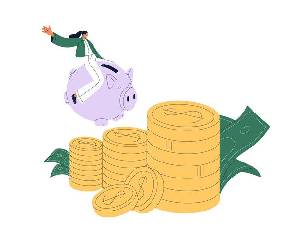 Saving investing money growing capital Rich woman on piggybank growing cash finance Financial deposit investment wealth concept Flat vector illustration isolated on white background