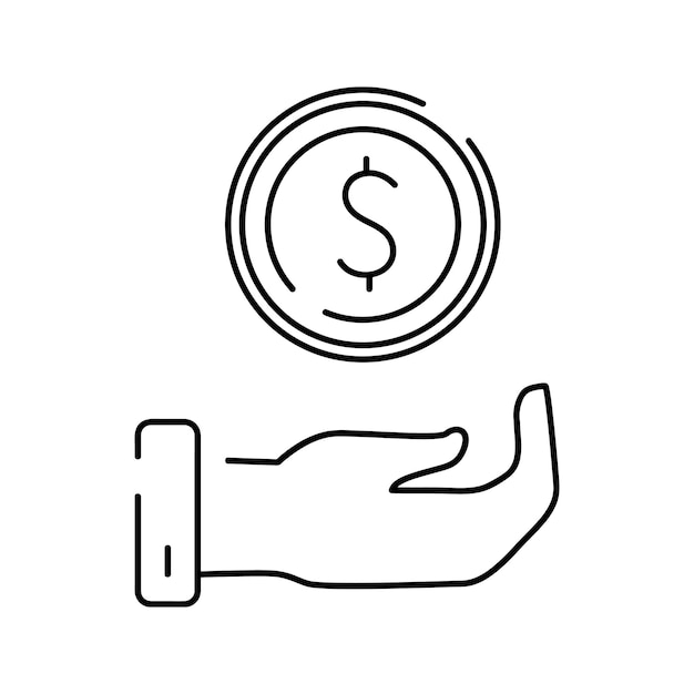 Saving money. Hand with coin. Vector line flat icon. Salary, sell, money, business