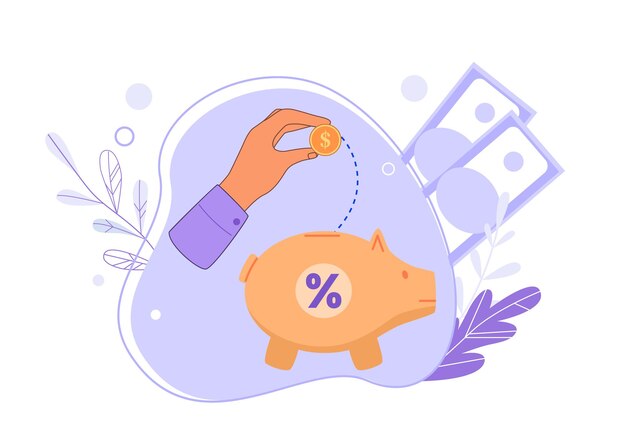 Saving money investment concept character putting dollar coin into piggy bank person depositing money to get profit