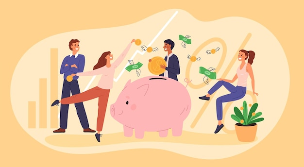 saving money people planning company budget startup fundraising financial literacy friends start business piggy bank economy growth chart banknotes and coins garish vector concept