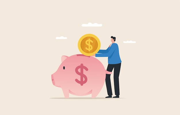 Saving money in a piggy bank the first lump sum is deducted from income for savings set aside some money for savings young man or businessman and piggy bank