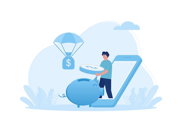 Vector saving in the piggy bank concept flat illustration