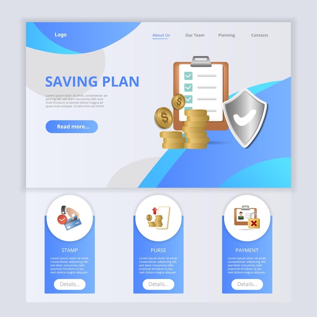 Saving plan flat landing page website template Stamp purse payment Web banner with header content and footer Vector illustration