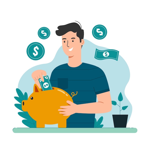 Vector savings concept. man putting dollar money into piggy bank