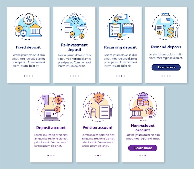 savings, deposit investment onboarding mobile app page screen with linear concepts. different deposit types. walkthrough steps graphic instructions set. ux, ui, gui vector template with illustrations