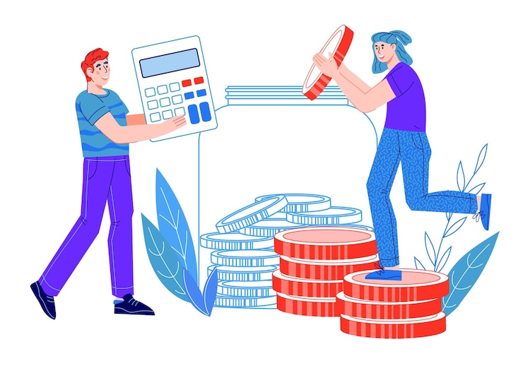 Vector savings and economy concept with people putting coins into moneybox vector