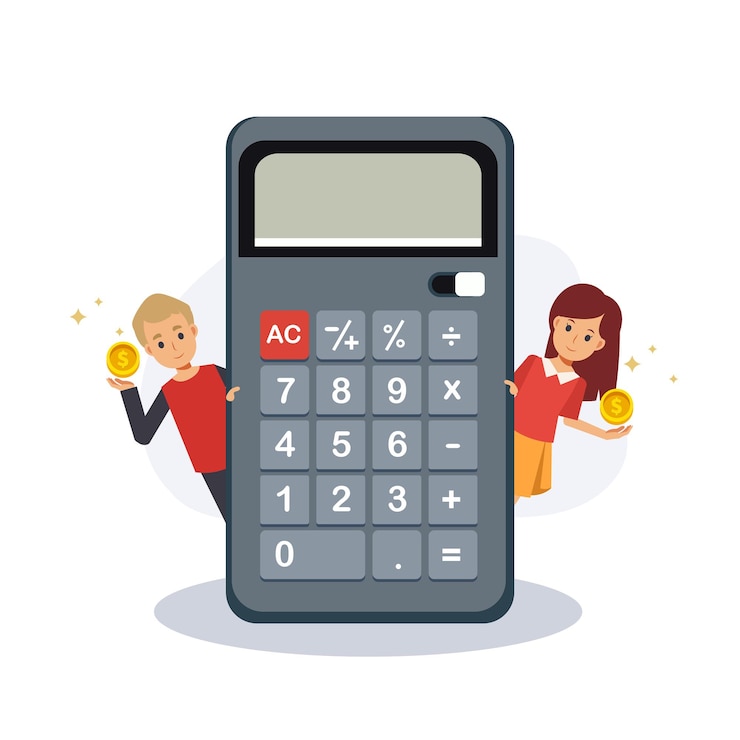 Vector savings money concept finance, kid collected money.kid with big calculator.flat vector 2d cartoon character illustration.