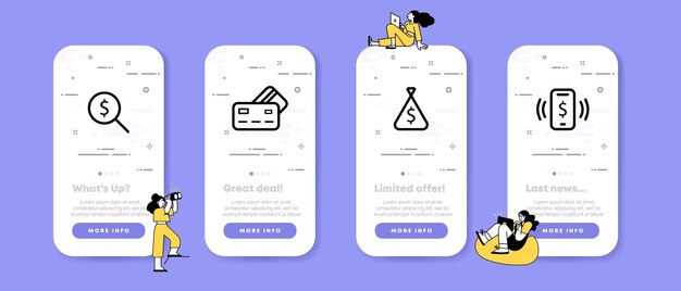 Icona del set di risparmio internet online denaro telefono app carta bancaria lente d'ingrandimento borsa concetto bancario interfaccia utente telefono app schermate con persone linea vettoriale icona per affari e pubblicità