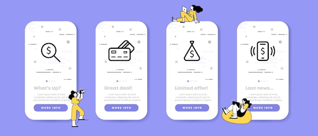 貯蓄セットアイコンインターネットオンラインマネー電話アプリ銀行カード虫眼鏡バッグ銀行のコンセプトui電話アプリ画面人とビジネスと広告のためのベクトル線アイコン