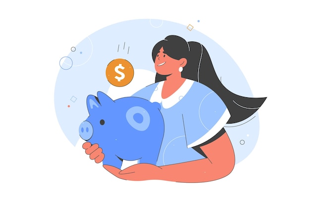 Vector savings volunteer woman with money female character standing with jar of coins moneybox