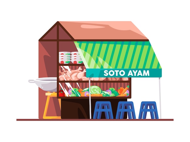 Vector savory soto ayam trade traditional indonesia food stall vendor in street outdoor marketplace