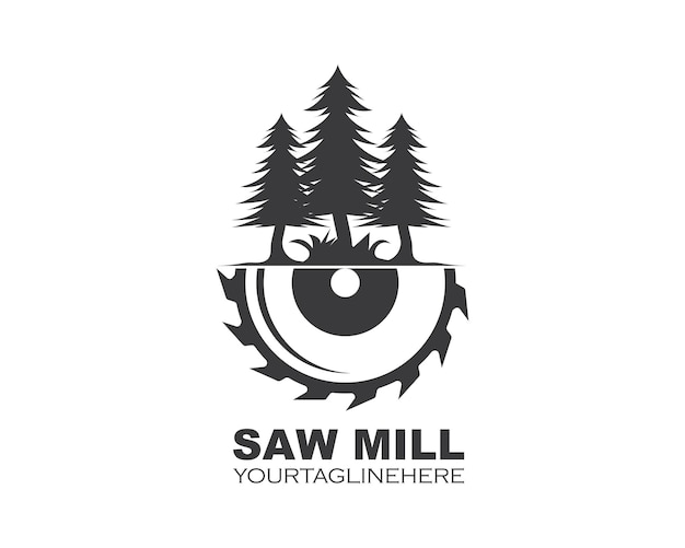 Saw and pines tree vector logo icon of saw mill wooden