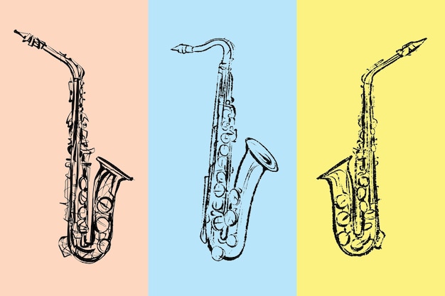 Saxofoon. Penseeltekening met getextureerde inkt