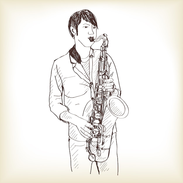 Saxophone man showing free hand drawing sketch   illustration