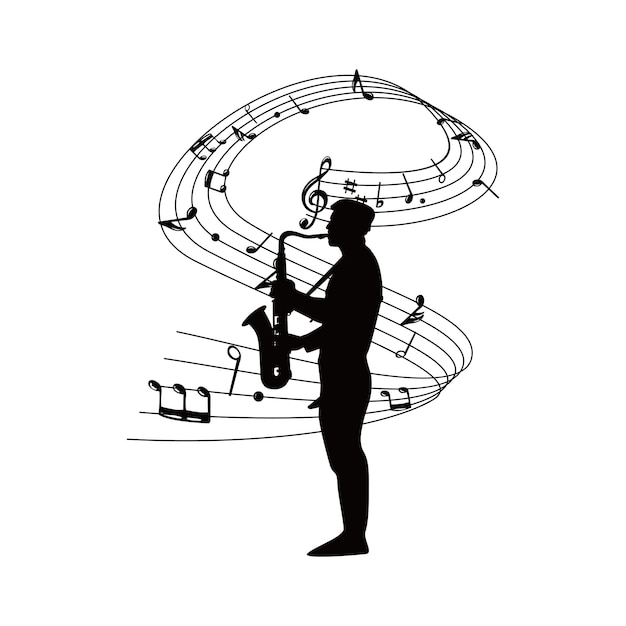 Vettore sagoma del sassofonista. icona, segno e simbolo del sassofonista. sottofondo musicale.