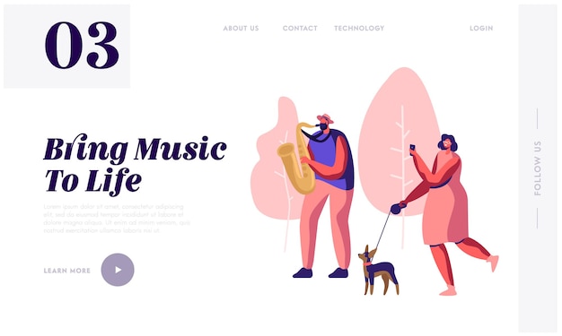 Saxophonist playing music in park, woman with dog watching concert and photographing musical performance. street outdoor show. website landing page, web page. cartoon flat vector illustration