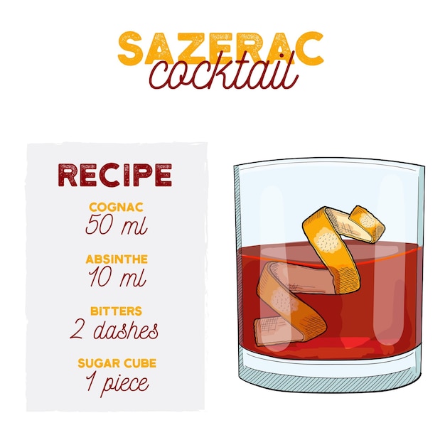 Vector sazerac cocktail illustration recipe