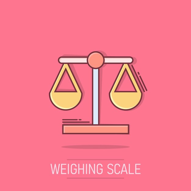 Vector scale comparison icon in comic style balance weight vector cartoon illustration pictogram scale compare business concept splash effect