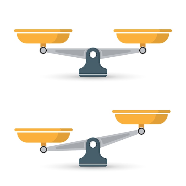 Vettore icone di scala impostate in stile piatto illustrazione del vettore di bilanciamento del peso su uno sfondo isolato concetto commerciale del segno di confronto di equilibrio