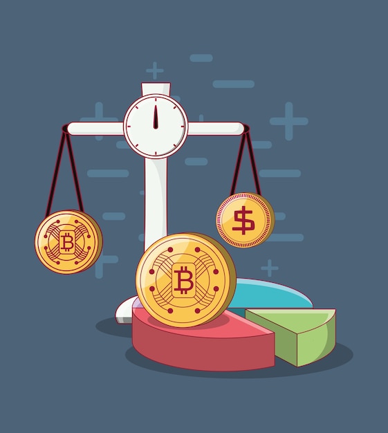 Scale with bitcoin coin and money coin