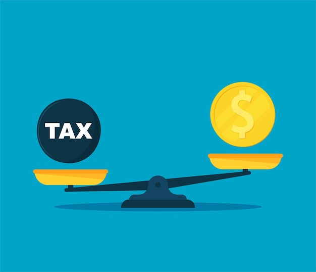 Scales balancing with money and tax . vector flat style illustration. eps 10