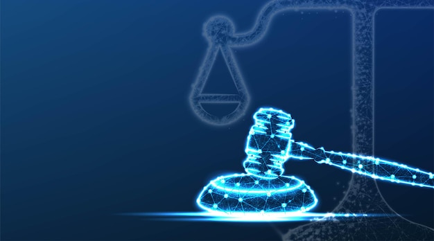 Vector scales of justice gavel symbol law office attorney notary concept abstract low poly wireframe mesh design on dark blue background vector illustration