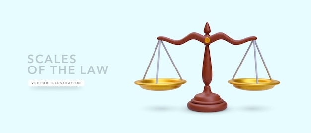 Scales of the law justice and fairness concept in cartoon 3d realistic style Vector illustration