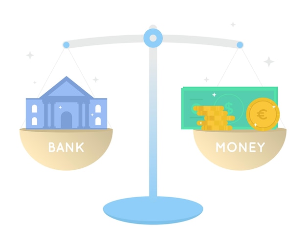 Scales with bank and money finance system concept