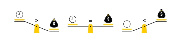 ベクトル さまざまなバランスのスケール時間とお金の重量を量る概念人生のバランスを見つける時間はお金ですベクトル図