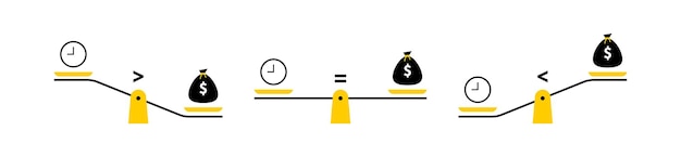 Vector scales with different balance time and money weighing concept to find a balance in life time is money vector illustration