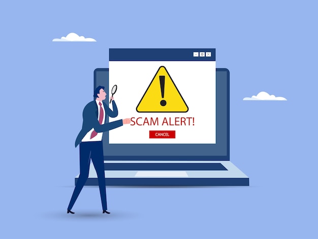 Scam alert red message on browser window Scam sign label isolated on screen computer Vector illustration