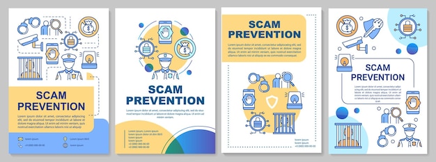 Scam preventie brochure sjabloon. fraudebeschermingsflyer, boekje, folder, omslagontwerp met lineaire illustraties. het stoppen van illegale acties. vectorpaginalay-outs voor tijdschriften, reclameposters