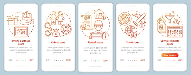 Scam types onboarding mobile app page screen vector template Walkthrough website steps with linear illustrations Online purchase and rental fraud UX UI GUI smartphone interface concept