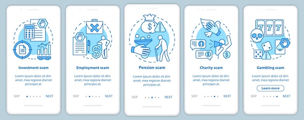 Scam types onboarding mobile app page screen with linear concepts. Five walkthrough steps graphic instructions. Investment and pension fraud. UX, UI, GUI vector template with illustrations