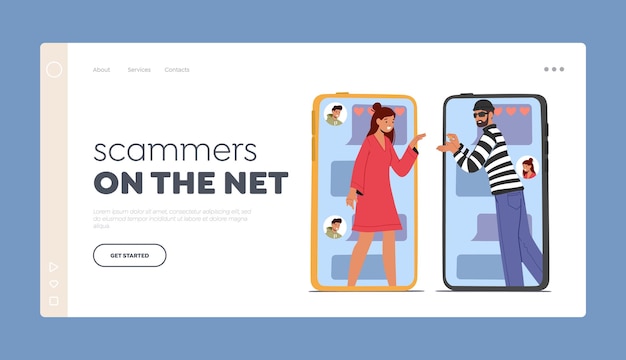 Vector scammers on the net landing page template female character in danger internet relationships dangerous acquaintance